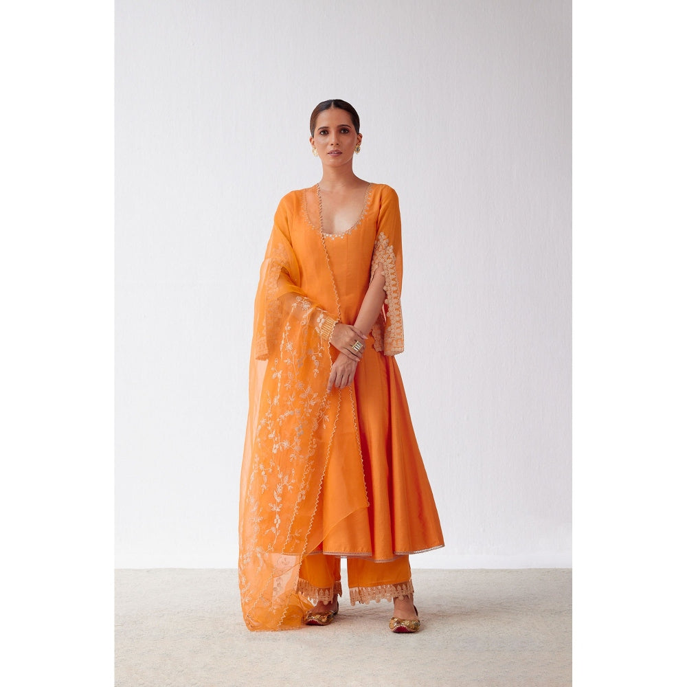 Devnaagri Orange Dori Embroidered Anarkali and Palazzo with Dupatta (Set of 3)