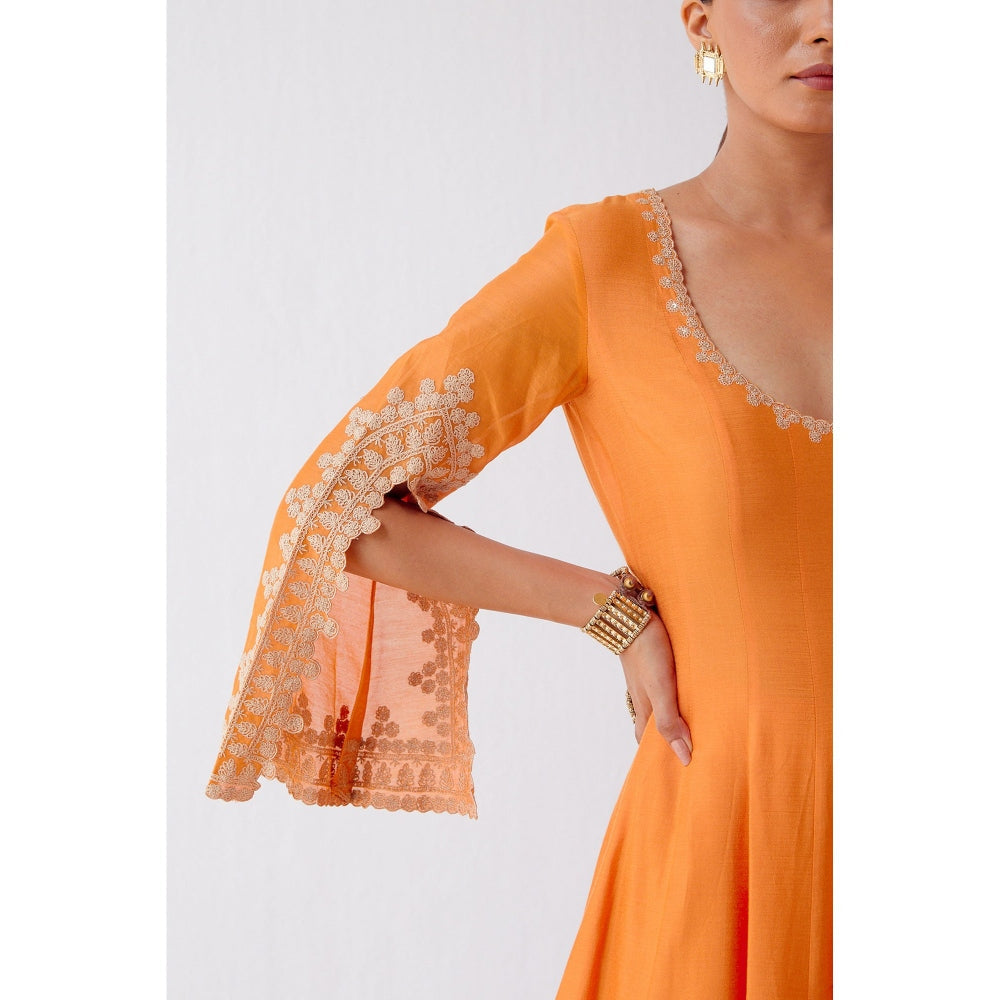 Devnaagri Orange Dori Embroidered Anarkali and Palazzo with Dupatta (Set of 3)