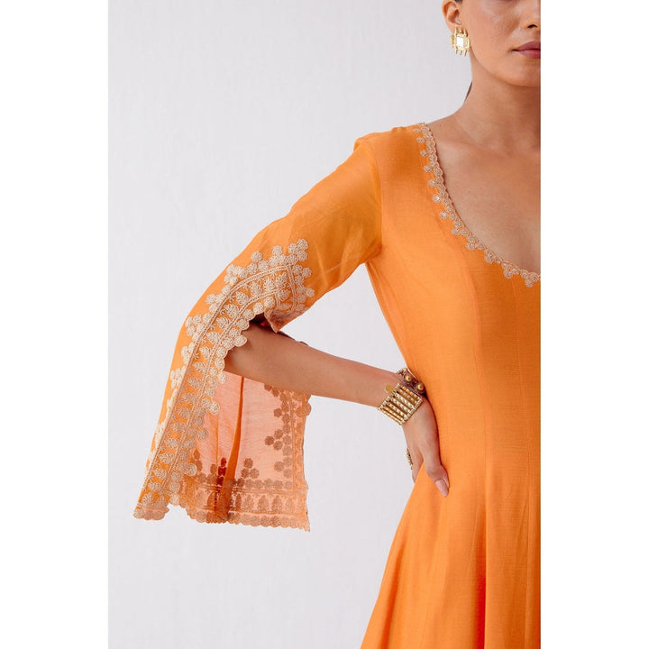 Devnaagri Orange Dori Embroidered Anarkali and Palazzo with Dupatta (Set of 3)