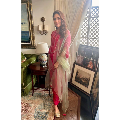 Devnaagri Fuchsia Hand Embroidered Kurta and Palazzo with Dupatta (Set of 3)