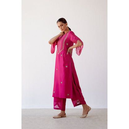 Devnaagri Fuchsia Hand Embroidered Kurta and Palazzo with Dupatta (Set of 3)