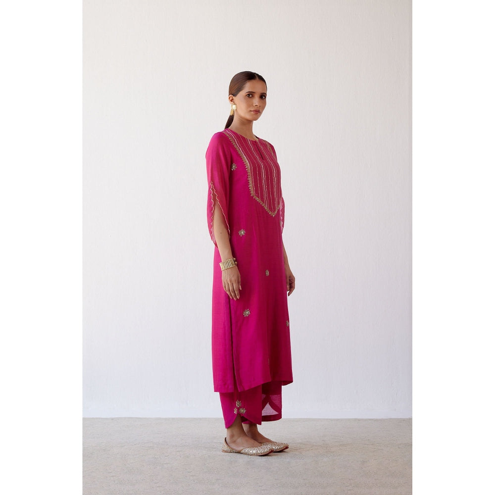 Devnaagri Fuchsia Hand Embroidered Kurta and Palazzo with Dupatta (Set of 3)