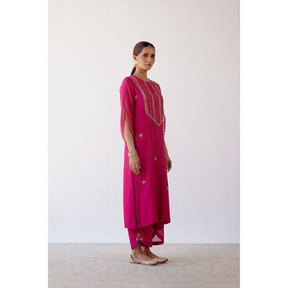 Devnaagri Fuchsia Hand Embroidered Kurta and Palazzo with Dupatta (Set of 3)
