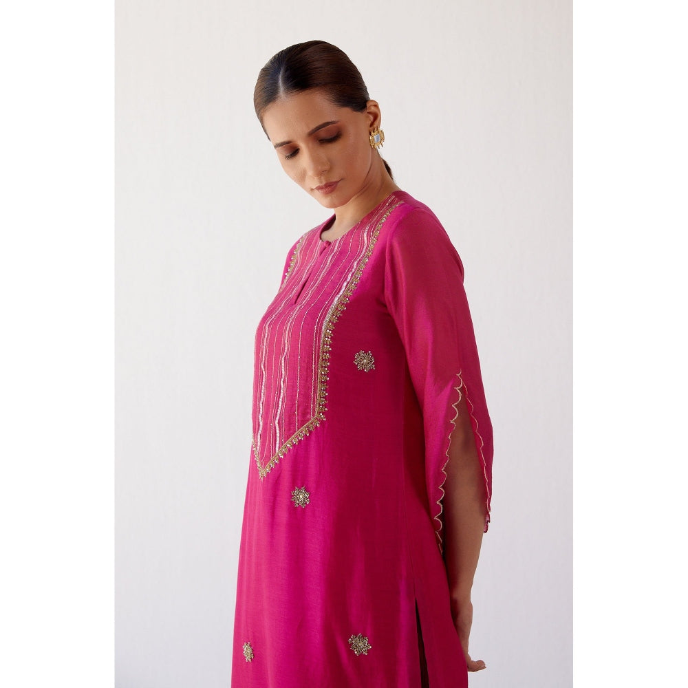 Devnaagri Fuchsia Hand Embroidered Kurta and Palazzo with Dupatta (Set of 3)