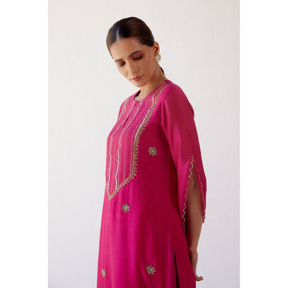 Devnaagri Fuchsia Hand Embroidered Kurta and Palazzo with Dupatta (Set of 3)