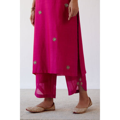Devnaagri Fuchsia Hand Embroidered Kurta and Palazzo with Dupatta (Set of 3)