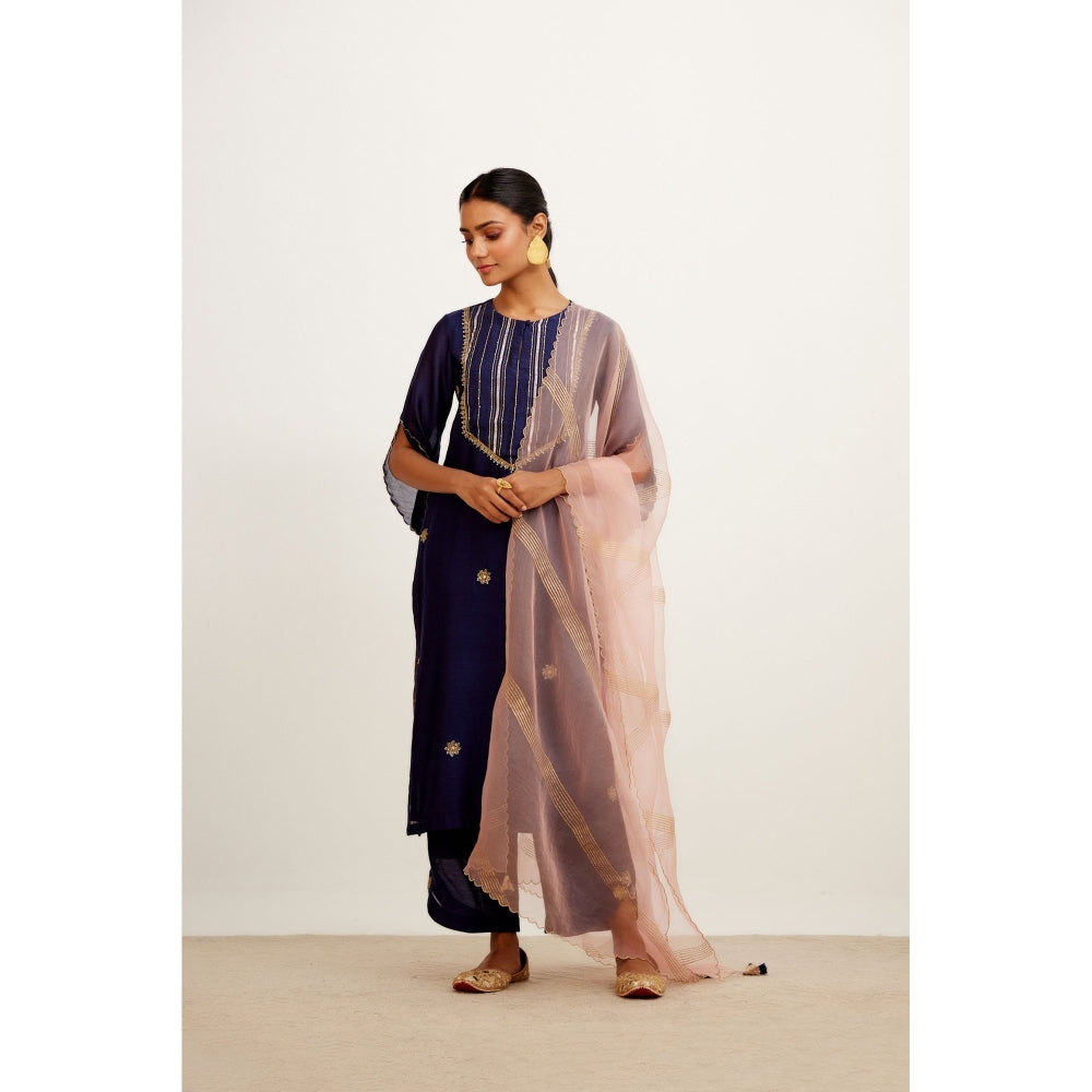 Devnaagri Navy Blue Hand Embroidered Kurta and Palazzo with Dupatta (Set of 3)
