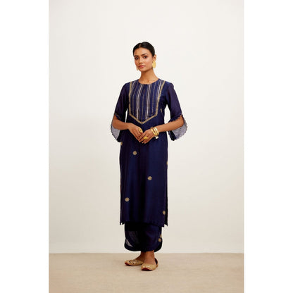 Devnaagri Navy Blue Hand Embroidered Kurta and Palazzo with Dupatta (Set of 3)