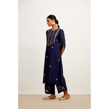 Devnaagri Navy Blue Hand Embroidered Kurta and Palazzo with Dupatta (Set of 3)