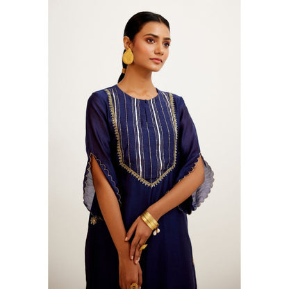 Devnaagri Navy Blue Hand Embroidered Kurta and Palazzo with Dupatta (Set of 3)