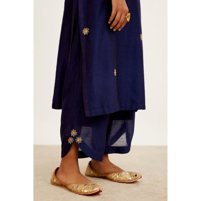 Devnaagri Navy Blue Hand Embroidered Kurta and Palazzo with Dupatta (Set of 3)