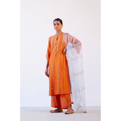Devnaagri Orange Hand Embroidered Kurta and Palazzo with Dupatta (Set of 3)