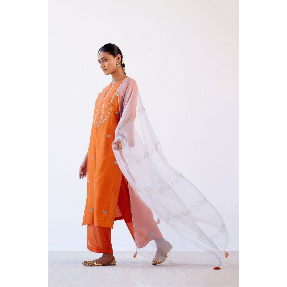 Devnaagri Orange Hand Embroidered Kurta and Palazzo with Dupatta (Set of 3)