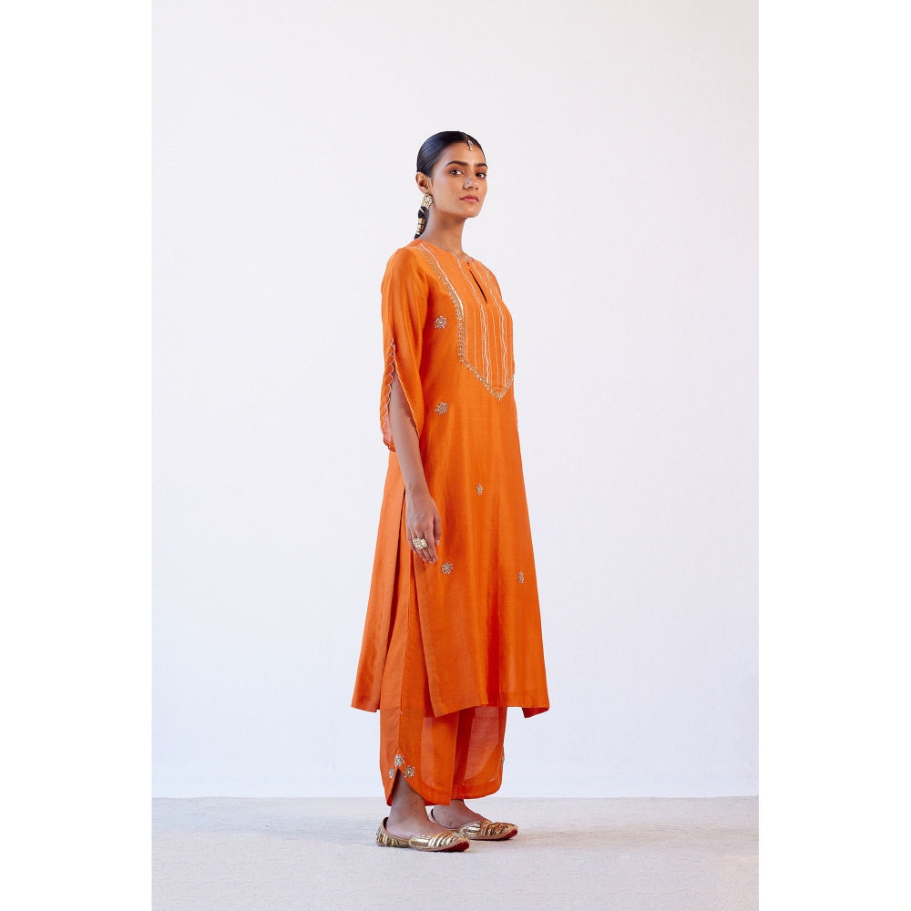 Devnaagri Orange Hand Embroidered Kurta and Palazzo with Dupatta (Set of 3)