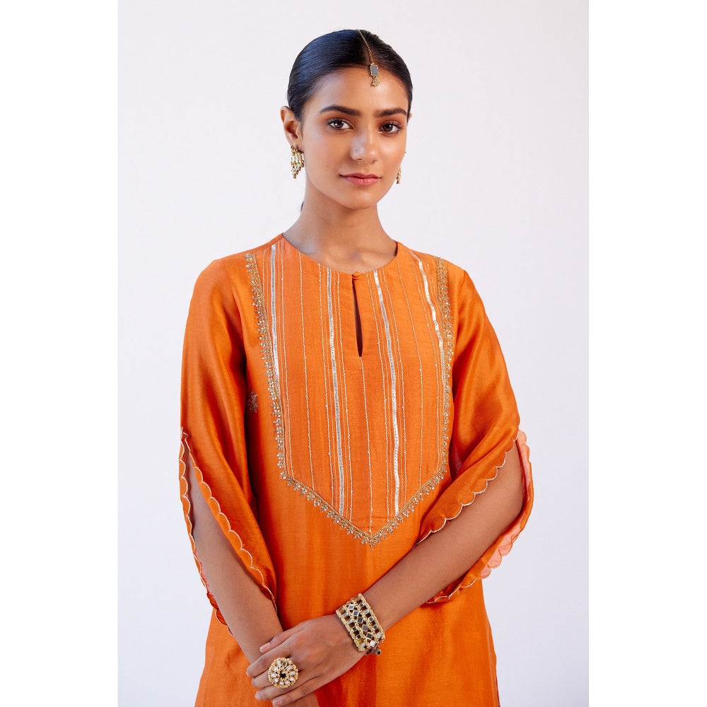 Devnaagri Orange Hand Embroidered Kurta and Palazzo with Dupatta (Set of 3)