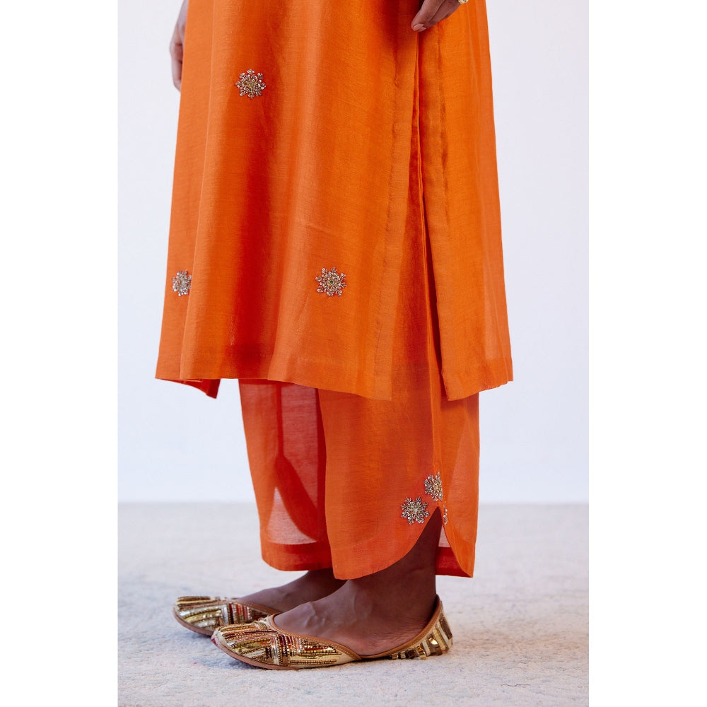 Devnaagri Orange Hand Embroidered Kurta and Palazzo with Dupatta (Set of 3)