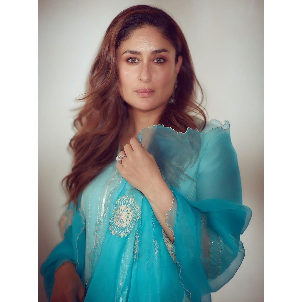 Devnaagri Aqua Blue Zari Detailed Chanderi Kurta and Palazzo with Dupatta (Set of 3)