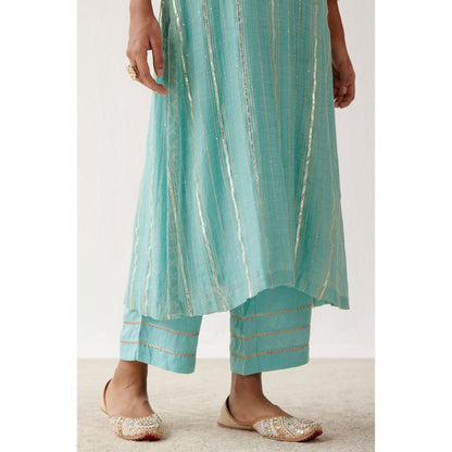 Devnaagri Aqua Blue Zari Detailed Chanderi Kurta and Palazzo with Dupatta (Set of 3)