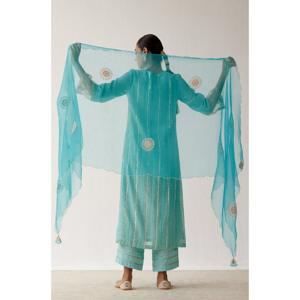 Devnaagri Aqua Blue Zari Detailed Chanderi Kurta and Palazzo with Dupatta (Set of 3)