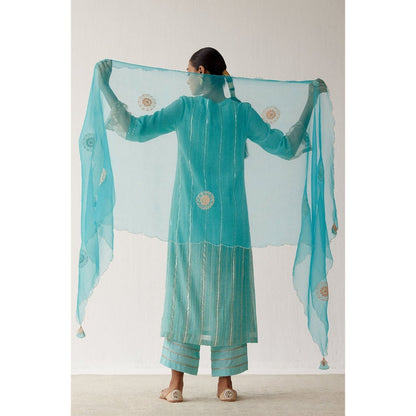 Devnaagri Aqua Blue Zari Detailed Chanderi Kurta and Palazzo with Dupatta (Set of 3)