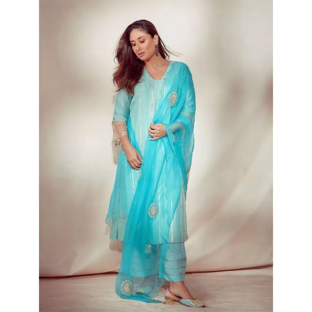 Devnaagri Aqua Blue Zari Detailed Chanderi Kurta and Palazzo with Dupatta (Set of 3)