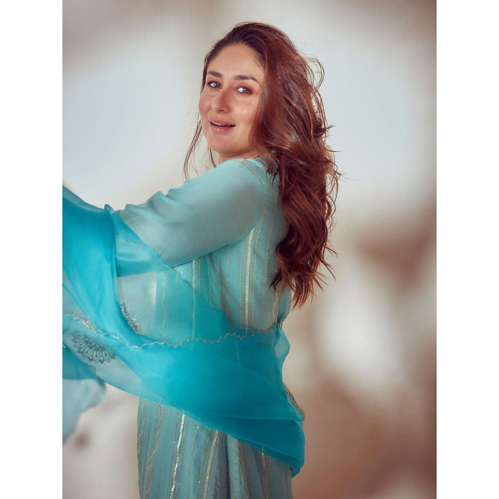 Devnaagri Aqua Blue Zari Detailed Chanderi Kurta and Palazzo with Dupatta (Set of 3)