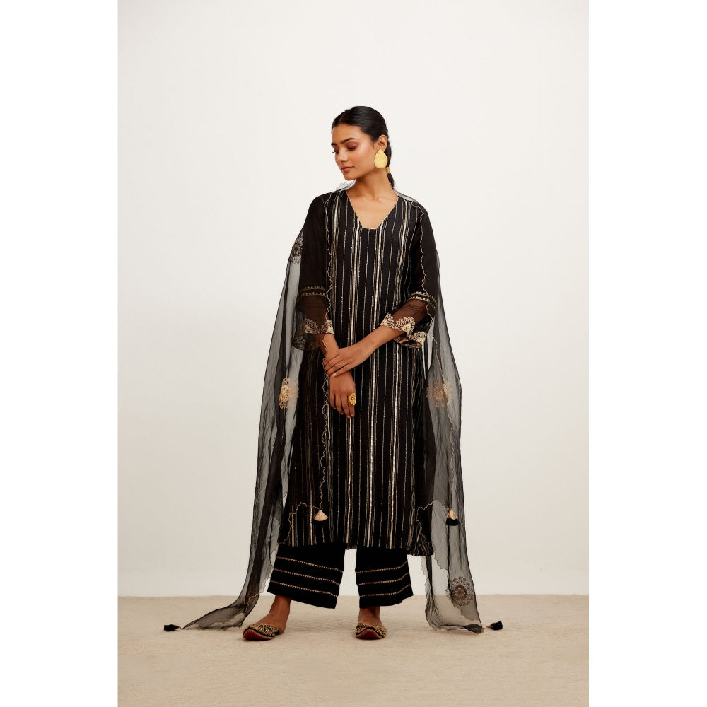 Devnaagri Black Zari Detailed Chanderi Kurta and Palazzo with Dupatta (Set of 3)