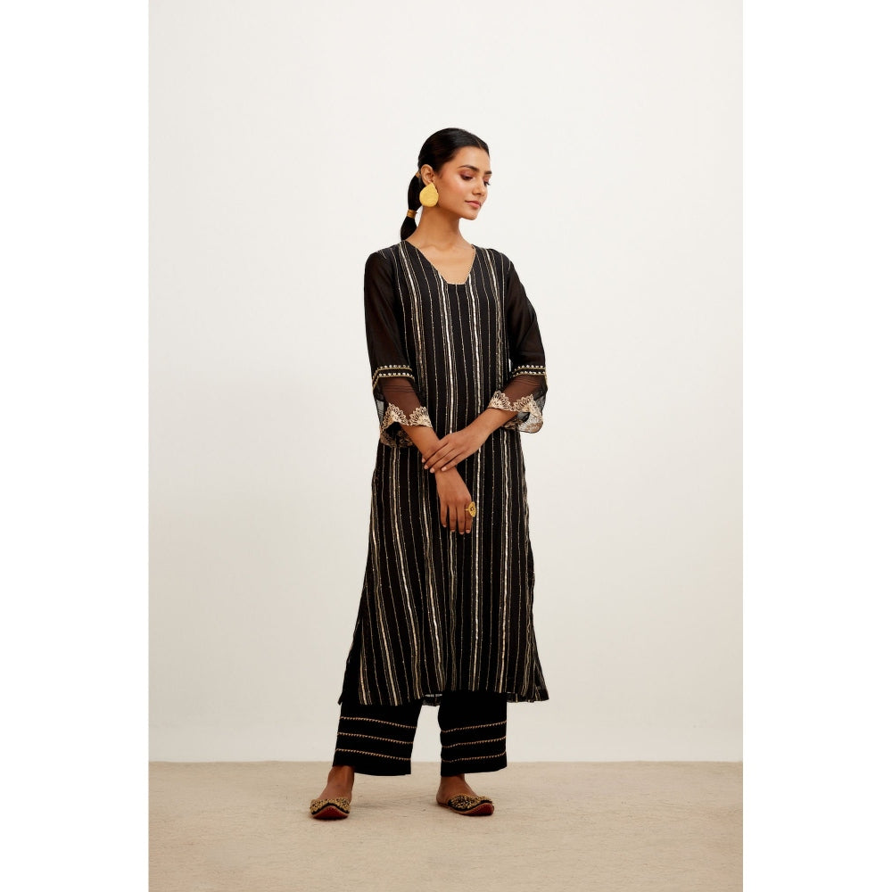 Devnaagri Black Zari Detailed Chanderi Kurta and Palazzo with Dupatta (Set of 3)