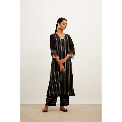 Devnaagri Black Zari Detailed Chanderi Kurta and Palazzo with Dupatta (Set of 3)