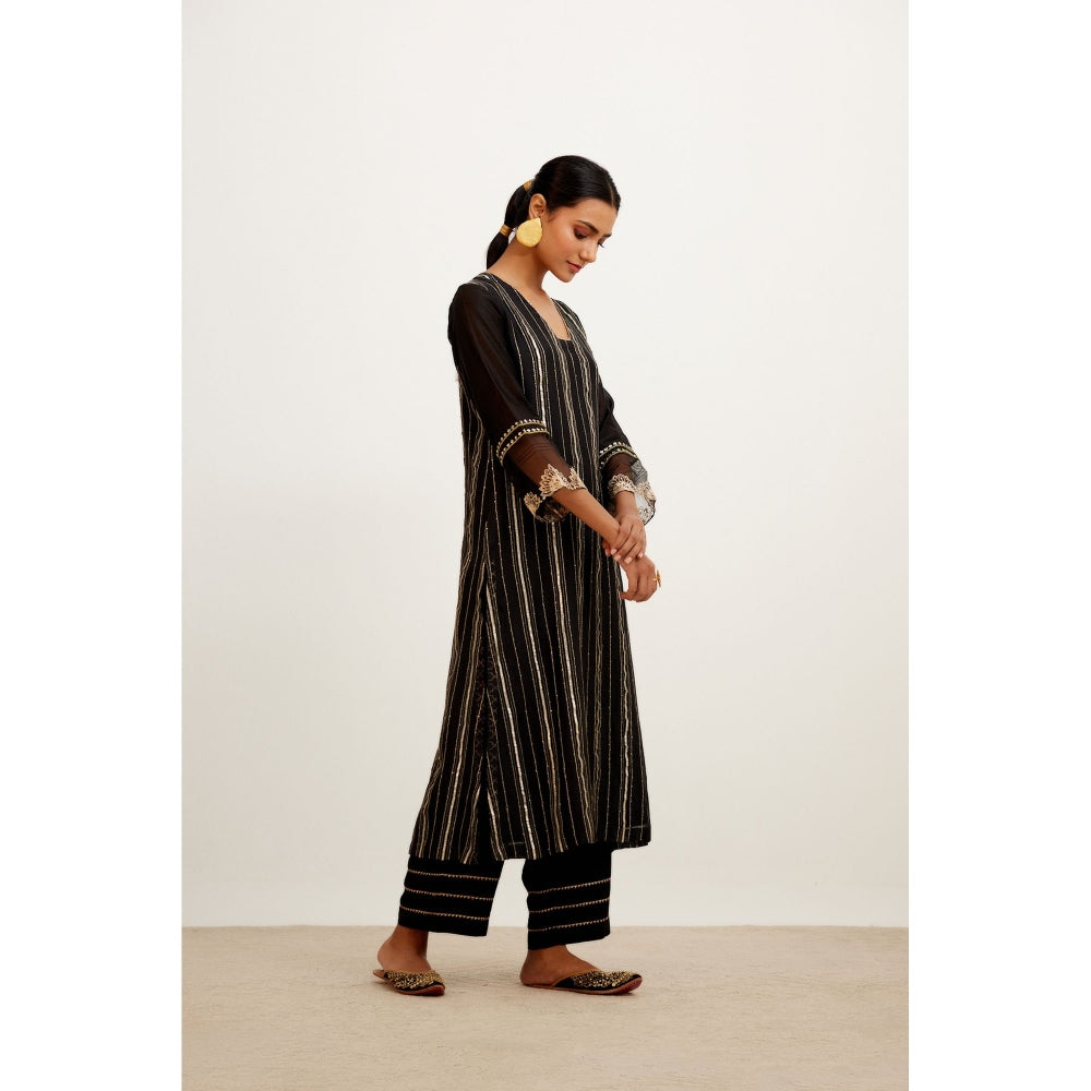 Devnaagri Black Zari Detailed Chanderi Kurta and Palazzo with Dupatta (Set of 3)