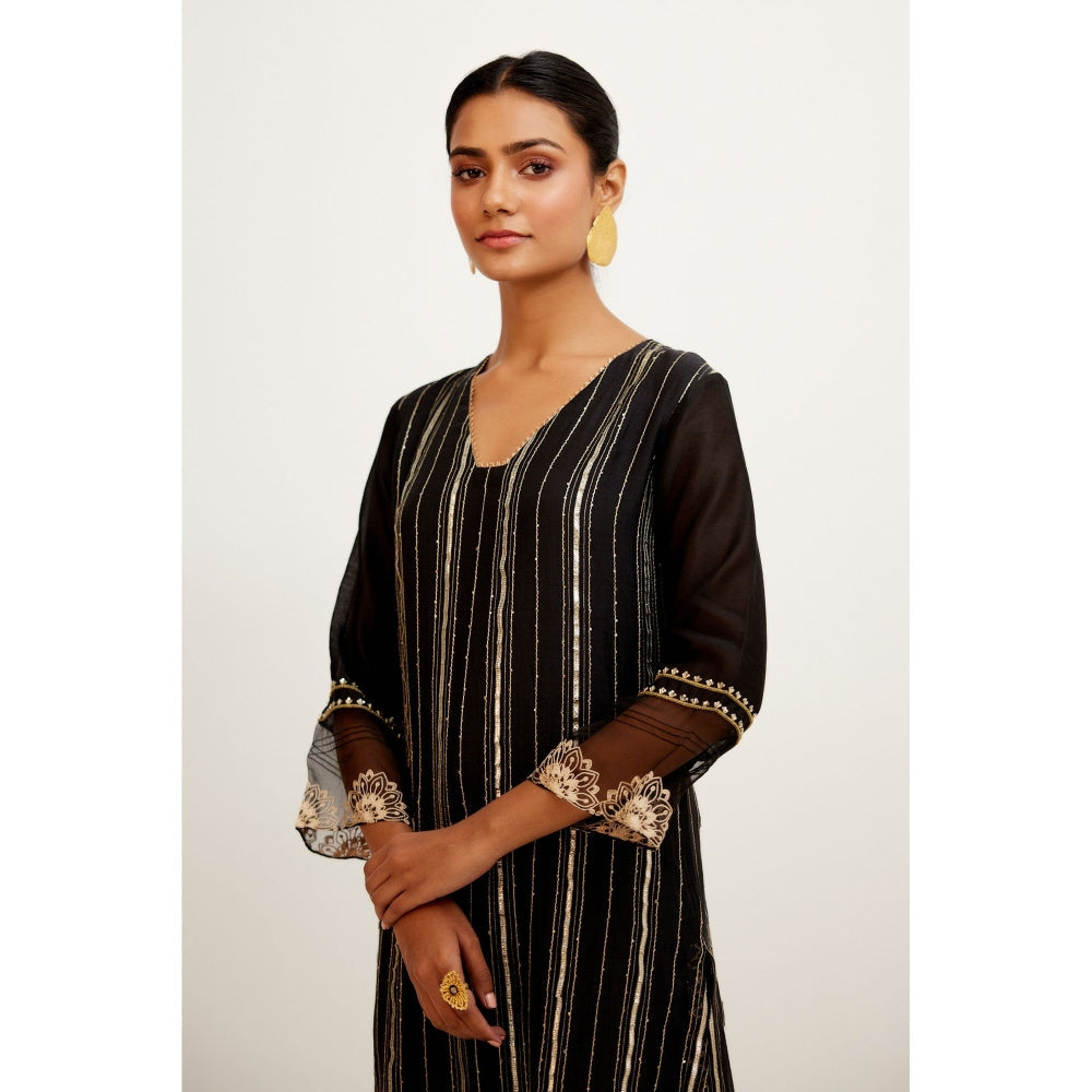Devnaagri Black Zari Detailed Chanderi Kurta and Palazzo with Dupatta (Set of 3)