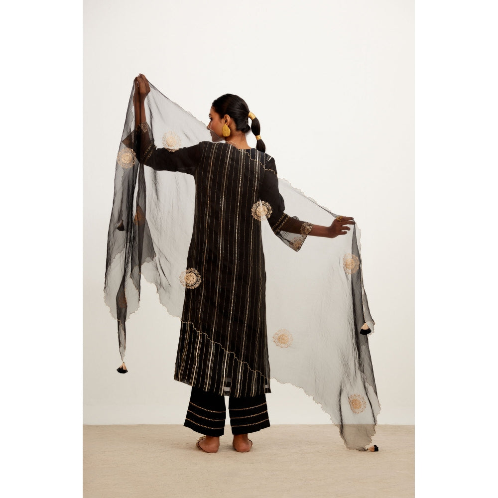 Devnaagri Black Zari Detailed Chanderi Kurta and Palazzo with Dupatta (Set of 3)