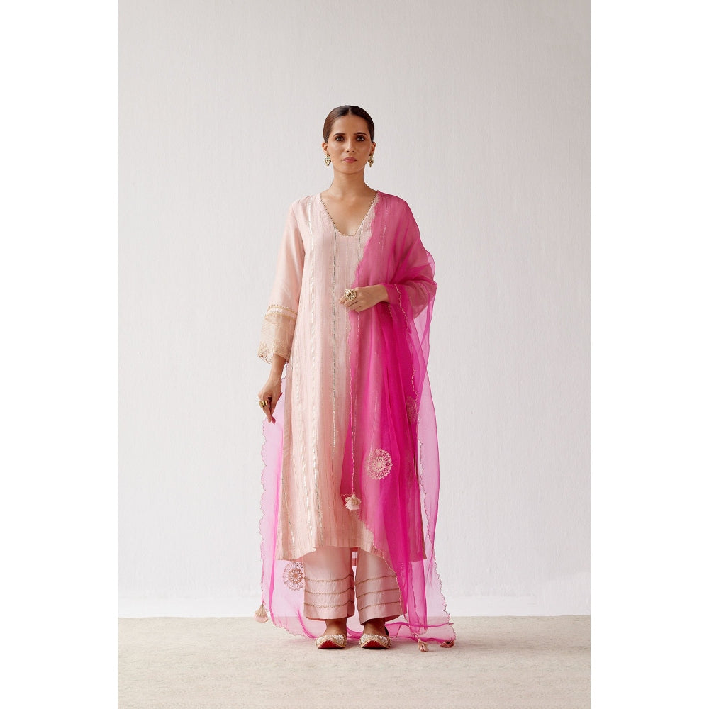 Devnaagri Blush Pink Zari Detailed Chanderi Kurta and Palazzo with Dupatta (Set of 3)