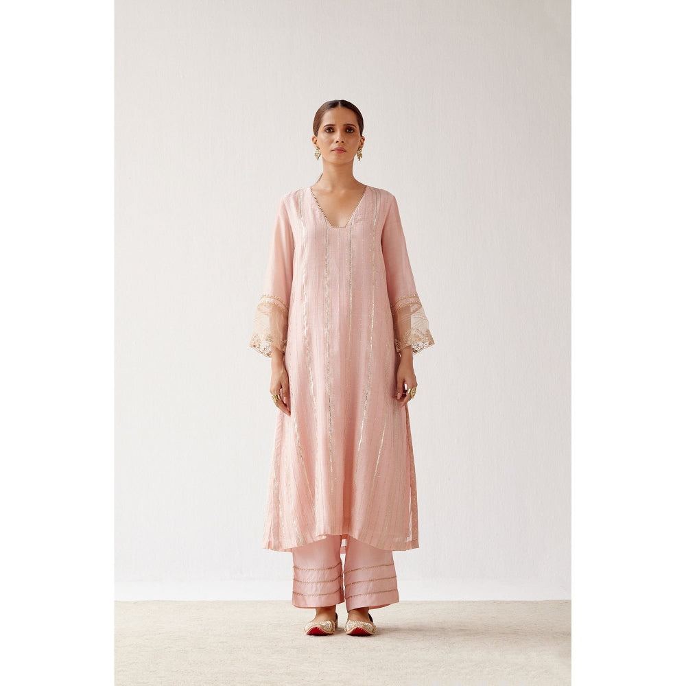 Devnaagri Blush Pink Zari Detailed Chanderi Kurta and Palazzo with Dupatta (Set of 3)