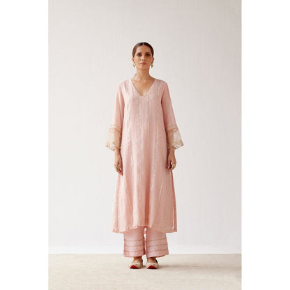Devnaagri Blush Pink Zari Detailed Chanderi Kurta and Palazzo with Dupatta (Set of 3)