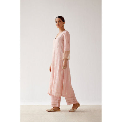 Devnaagri Blush Pink Zari Detailed Chanderi Kurta and Palazzo with Dupatta (Set of 3)