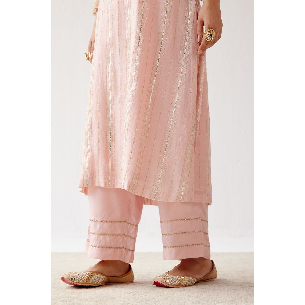 Devnaagri Blush Pink Zari Detailed Chanderi Kurta and Palazzo with Dupatta (Set of 3)