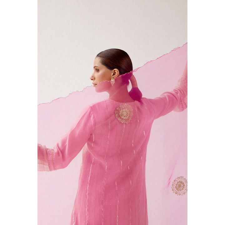 Devnaagri Blush Pink Zari Detailed Chanderi Kurta and Palazzo with Dupatta (Set of 3)