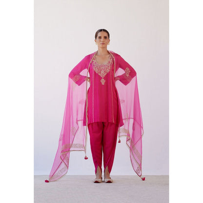 Devnaagri Fuchsia Dori Embroidered Kurta and Dhoti with Dupatta (Set of 3)