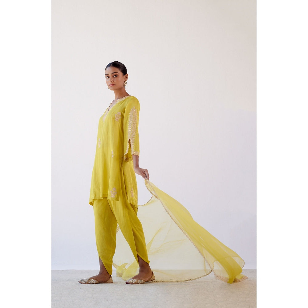 Devnaagri Bright Yellow Sequins Embroidered Kurta and Dhoti with Dupatta (Set of 3)