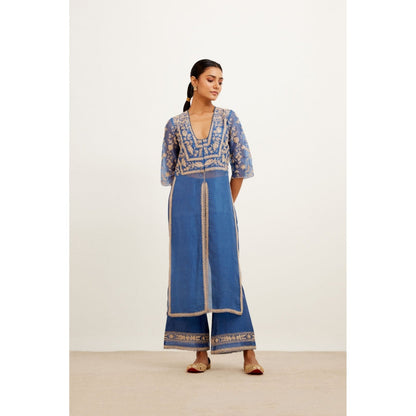 Devnaagri Blue Pink Slit Chanderi Kurta and Palazzo (Set of 2)
