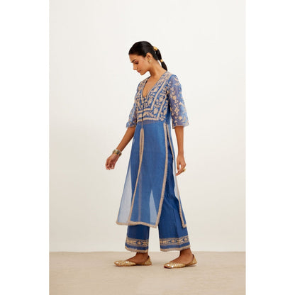 Devnaagri Blue Pink Slit Chanderi Kurta and Palazzo (Set of 2)