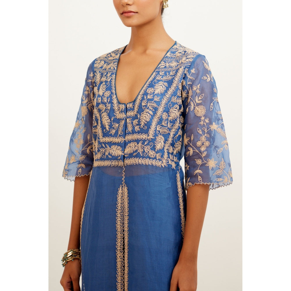 Devnaagri Blue Pink Slit Chanderi Kurta and Palazzo (Set of 2)