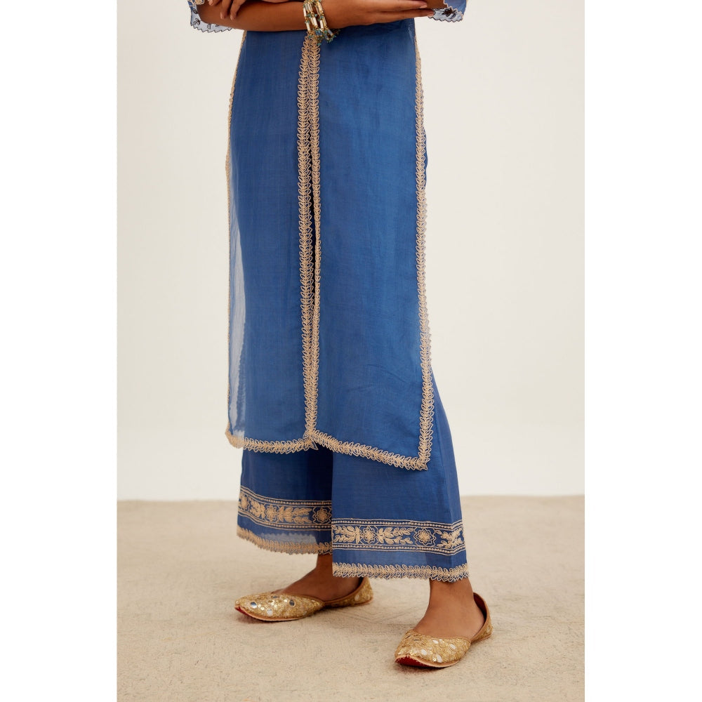 Devnaagri Blue Pink Slit Chanderi Kurta and Palazzo (Set of 2)