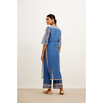 Devnaagri Blue Pink Slit Chanderi Kurta and Palazzo (Set of 2)
