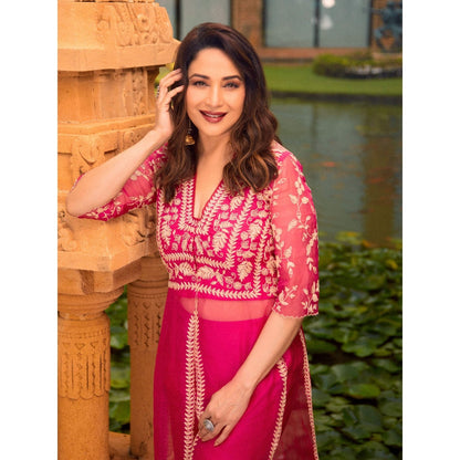 Devnaagri Fuchsia Pink Slit Chanderi Kurta and Palazzo (Set of 2)