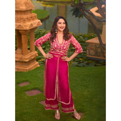 Devnaagri Fuchsia Pink Slit Chanderi Kurta and Palazzo (Set of 2)