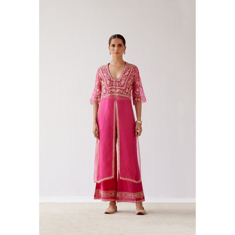 Devnaagri Fuchsia Pink Slit Chanderi Kurta and Palazzo (Set of 2)