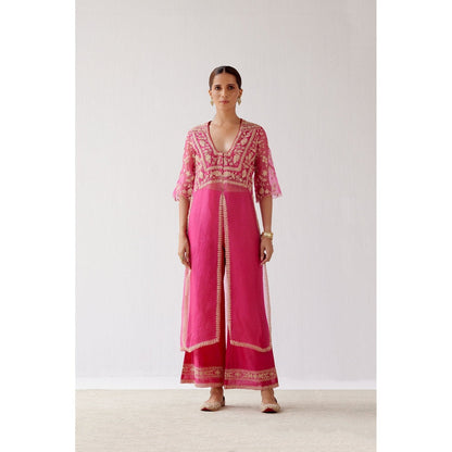 Devnaagri Fuchsia Pink Slit Chanderi Kurta and Palazzo (Set of 2)