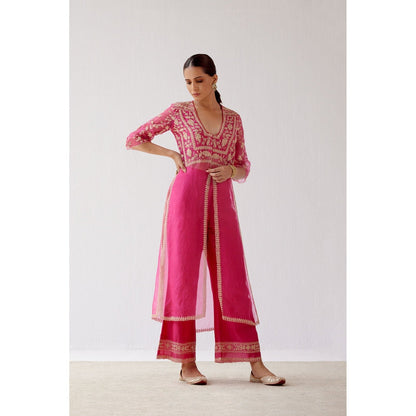 Devnaagri Fuchsia Pink Slit Chanderi Kurta and Palazzo (Set of 2)